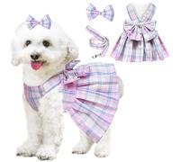 Dog Dress Bowknot Harness Leash Set for Small Dogs Girl Cute Plaid Dog Dress Pearls Bow Tie Spring Summer Princess Clothes Birthday Holiday Doggie Outfits for Puppy Cats Girl Apparel (Pink, X-Large)
