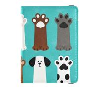 Dog Faces and Paws on Turquoise Background Leather Passport Holder Cover Wallet Large Capacity Passport Book Holders for Women Trip Must Haves Accessories