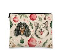 Dog Faces Makeup Bag, Holiday Animal Portraits Cosmetic Travel Pouch for Women, Portable Small Canvas Zipper Organizer, Christmas Skincare Toiletry Bag, Beige, 7x9 Inch