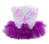 Dog Fairy Costume with Butterfly Wings, Cat Princess Dress for Small Dogs Girls, White Lace Knit Top and Purple Tulle Skirt, Fairy Wings for Dogs Halloween Outfit 8.3-10lbs (Purple,M)