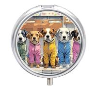 Dog Family Pill Box 3 Compartment Travel Pill Organizer 3 Times A Day Cute Mini Pill Case for Purse & Pocket Portable Metal Medicine Box with Mirror Round Daily Medicine Vitamin Container