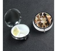 Dog Family Pill Box with Mirror 3 Compartment Decorative Pill Case for Purse or Pocket Small Round Pill Organizer Weekly Metal Medicine Tablet Vitamin Holder Travel Gift