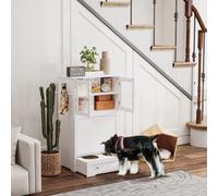 PawHut Dog Feeding Station with 2 Storage Cabinets, Dog Food Storage Cabinet with 2 Raised Bowls, Side Hooks, Anti-tip Kit for Water and Feeding Supplies, White