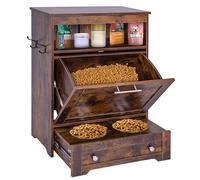 Dog Feeding Station with Storage,Pet Feeding Station Food Storage Cabinet with 2 Elevated Dog Bowls for Water and Feeding Supplies,Dog & Cat Storage Organizer with Drawer,Brown