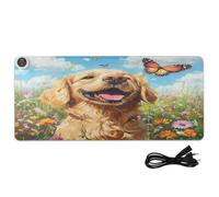 Dog Flowers Butterfly Blue Print Heated Desk Mat Large Heated Office Desk Mat with 3 Heating Levels PU Leather Large Deskmat for Office Home, 35.4x15.7in