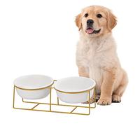 Dog Food and Water Bowl - Tilted Elevated Dog Bowls with Metal Stand - Double Ceramic Dog Bowl Set - Raised Cat Feeding Bowl Anti Vomit - Pet Dish for Small to Medium Dogs and Large Cats - 2 x 800 ml