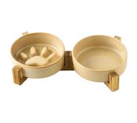 Dog Food Bowl Slow Feeder - Ceramic Paw SlowFeeder and Water Bowl Set | Acacia Wood Stand with Cute Design, Anti-Slip Elevated Feeding Station for Home, Yard, Garden, Camping