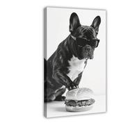 Dog Food Wall Art Canvas French Bulldog Eating Burger Funny Kitchen Decor Black And White Dog Poster, 12x18inch(30x45cm) Frame
