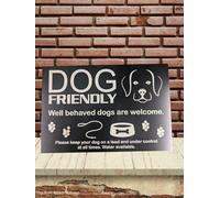 Dog Friendly Business sign for shop or cafe, ideal to let people know that you accept well behaved dogs. Measures 6" x 4" and is engraved onto dibond so its fully weatherproof.