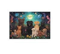 Dog Friends Canvas Wall Art Cartoon Fantasy Forest Flower Puppy Posters Wall Decor Painting Art for Home Room Artwork