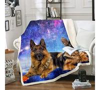 Dog Galaxy Fleece Blanket for Bed Sofa 3D German Shepherd Dog Print Plush Blanket Decorative Chic Blue Purple Starry Sky Sherpa Throw Blanket Cute Pet Puppy Animal Pattern Fuzzy Blanket Single 50"x60"