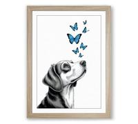 Dog Gazing at Butterflies Modern Framed Wall Art Print A3 (42×29.7cm) Oak, Wall Decor for Living Room, Bedroom, Office & Home, Ready to Hang, Art Gift