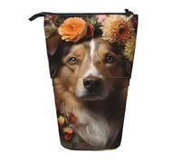 Dog Girl with Flowers Expandable Stand Pencil Pouch, Multi-Design Oxford Fabric, Adjustable Height, Multi-Use Cosmetic Bag