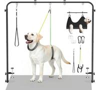 Dog Grooming Arm with Hammock&Nooses&No Sit Haunch Holder,H-Shape Height 20''-42'',Width 27''-39'' Adjustable Pet Grooming Table Arm with Clamp,Pet Grooming Supplies for Small Medium Breeds Up 70IB