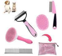 Dog Grooming Kit - Hair Removal Brush for Short Hair, Slicker Brush, Flea Comb, Puppy Brush Set in Pink