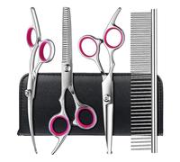 Dog Grooming Scissors, 5Pcs 6-Inch Professional Stainless Steel Titanium Coated Stainless Steel Dog Grooming Kit, Straight/Curved Shears Dog Scissors Set with Case & Comb, Pink