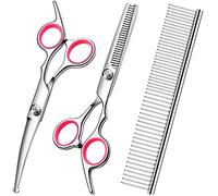 Dog Grooming Scissors Kit with Safety Round Tips Stainless Steel Professional Dog Grooming Shears Set - Thinning, Curved Scissors and Comb for Dog Cat Pet