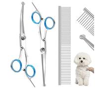 Dog Grooming Scissors Set with Safety Rounded Tips, 3-in-1 Stainless Steel Pet Dog Cat Grooming Tools with Sharp Straight Shears Curved Scissors and Comb for Face Ear Nose Paw Hair Trimming