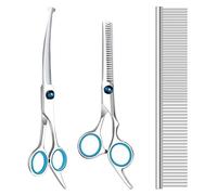 Dog Grooming Scissors with Safety Round Tips, Heavy Duty Titanium Pet Grooming Trimmer Kit, Professional Thinning Shears, Straight Scissors with Comb for Dogs and Cats (Set of 3)