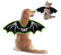 Dog Halloween Bat Costumes, Dog Cat Glow in the Dark Skeleton Bat Wings with Pumpkin Bell, Pet Halloween Cosplay Party Dress Up Supplies (Green, M)