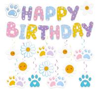 Dog Happy Birthday Banner with Daisy Paws Hanging Swirls Blue Dog Birthday Party Supplies Daisy Puppy Paws hanging Decorations for Pet Kid Boy and Girl Party Supplies