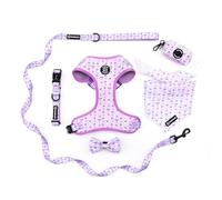 Dog Harness and Lead, Bow Tie Collar Set with Dog Poop Bag Holder and Bandanas,Escape Proof Adjustable Puppy Cat Vest with Soft Mesh Padded, Pet Supplies for Small Medium Dogs Kitten (Purple Rabbit,L)