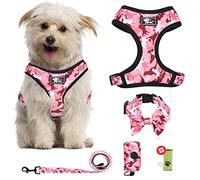 Dog Harness and Leash Set for Small Dogs, Adjustable Reflective No Pull Dog Vest Harness for Puppy with Bow-tie Collar, Leash and Poop Bag (M, Pink Camouflage)