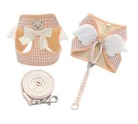 Dog Harness and Leash Set with Angle Wings,Pet Adjustable Mesh Vest Harness with Wings and Bow for Small Medium Dogs Cats_S(Khaki Small Grid)
