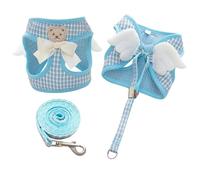 Dog Harness and Leash Set with Angle Wings,Pet Adjustable Mesh Vest Harness with Wings and Bow for Small Medium Dogs Cats_S(Blue Small Grid)