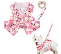 Dog Harness Vest Set for Small Girl Dogs with D-Ring Soft Comfortable Mesh Dog Harness Vest Pet Daisy Floral Bow Tie for Small Medium Large Dogs (Pink, S)