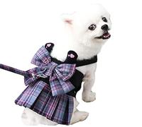 Dog Harnesses with Leash Set,Soft Pet Plaid Princess Dresses Sweetie Bowknot Puppy Check Skirt with Pink Love Dress Harness for Small Medium Girl Dogs Cats (Purple, M)