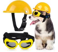 Dog Helmet and Goggles Set - 4 Inch Padded Motorcycle Helmet, Sunglasses Safety Cap, Hard Hat With Adjustable Belt for Small Pets Riding, S Size (Yellow)