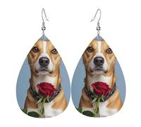 Dog Holding A Rose Faux Leather Teardrop Earrings, Fashion Lightweight Drop Dangle Earrings Leather Earrings For Women Weddings, Parties, Ceremonies, Banquets, Gifts