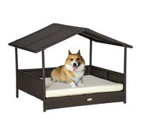 Dog House Elevated PE Rattan Outdoor Bed 98x69x73cm Dark Brown Cream Cushion Pad