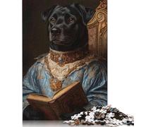 Dog in Royal Attire Black Dog in Blue Robes Majestic Pet Portrait Puzzle Jigsaws 500 Pieces for Adults Wood Puzzles Wooden Puzzles Educational Game Challenge Toy 500pcs (52x38cm)