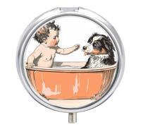 Dog in The Bathtub Pill Box 3 Compartment Travel Pill Organizer 3 Times A Day Cute Mini Pill Case for Purse & Pocket Portable Metal Medicine Box with Mirror Round Daily Medicine Vitamin Container