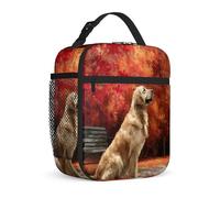 Dog Insulated Lunch Bag, Nature Rustic Autumn Leaves Bench Fall Orange Waterproof Lunch Bag with Water Bottle Holder for and Work Office Commuting 1pcs