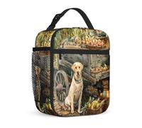 Dog Insulated Lunch Bag, Rustic Natural Fruits Cart Fall Brown Waterproof Reusable Lunch Bag with Pockets for Work Travel Commuting 1pcs