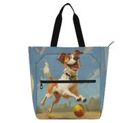 Dog Is Playing Ball Book Bag Art Tote Bag for Kids Women Men Large Reusable Grocery Beach Bag with Zipper for School Shopping Travel Rainbow