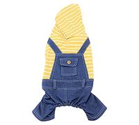 Dog Jeans Fabric Clothing, Classic Dungarees Set for Pets with Yellow Top with Stripes, Elastic and Simple Jumpsuit, Gifts for Small and Medium Dogs (S, S)