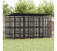 Dog Kennel Black Powder-Coated Steel 391x200x228cm With Roof Lockable Latch Safe