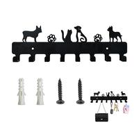 Dog Key Holder, Metal Key Hooks Wall Mounted with 8 Hooks Self Adhesive Racks Iron Art Dog Lead Holder No Drill Installation for Hallway Office Kitchen Mudroom Entryway Pet Lovers(Black 10.25Inch)