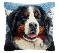 Dog Latch Hook Cushion Cover Making Kits,Bernese Mountain Dog Latch Hook Kit for Adults Beginners Embroidery Crochet Kit DIY Throw Pillow Covers,with Colourful Yarns,Canvas,Hook and Chart,43x43cm