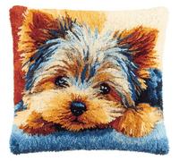 Dog Latch Hook Cushion Cover Making Kits,Yorkshire Terrier Latch Hook Kit for Adults Beginners Embroidery Crochet Kit DIY Throw Pillow Covers,with Colourful Yarns Canvas Latch Hook and Chart,43x43cm