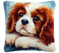 Dog Latch Hook Cushion Kit - Cavalier King Charles Spaniel - 43x43 cm DIY Pillow Cover Kit for Adults & Kids - Cute Dog Design - Includes Canvas, Pre-Cut Yarn & Hook Tool - Crafts for Beginners