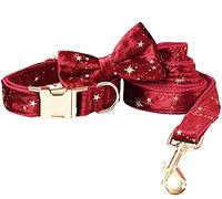 Dog Lead For Cat Generic Personalized Dog Collar Christmas Red Velvet Bow Tie Pet And Leash Set With Golden Stars Outside Walking(33-51cm)