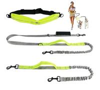 Dog Lead for Two Dogs with Reflective Seams and Adjustable Running Belt Dog 85 cm - 115 cm 360° Rotating Jogging Lead Dogs, Running Lead for Large Dogs for Jogging, Hiking, Green Fluorescent