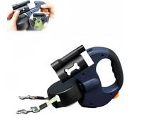 Dog Leash for Two Dogs, Tangle-Free Automatic Retractable Pet Leash, with LED Flashlight and Poop Bags Storage Unit, Shock Absorbing Reflective Nylon Tape, for Walking and Training (Blue)