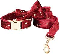 Dog Leash Personalized Dog Collar Christmas Red Bow Tie Pet Collar And Leash Set With Golden Stars Pet Leash(20-29cm)