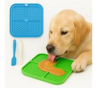 Dog Lick Mat Set for Anxiety Relief, Slow Feeding & Grooming Distraction - 2 Textured Silicone Mats (20×20cm) with Spatula & Cleaning Brush, Suction Back for Wall or Floor - BPA-Free & Dishwasher Safe